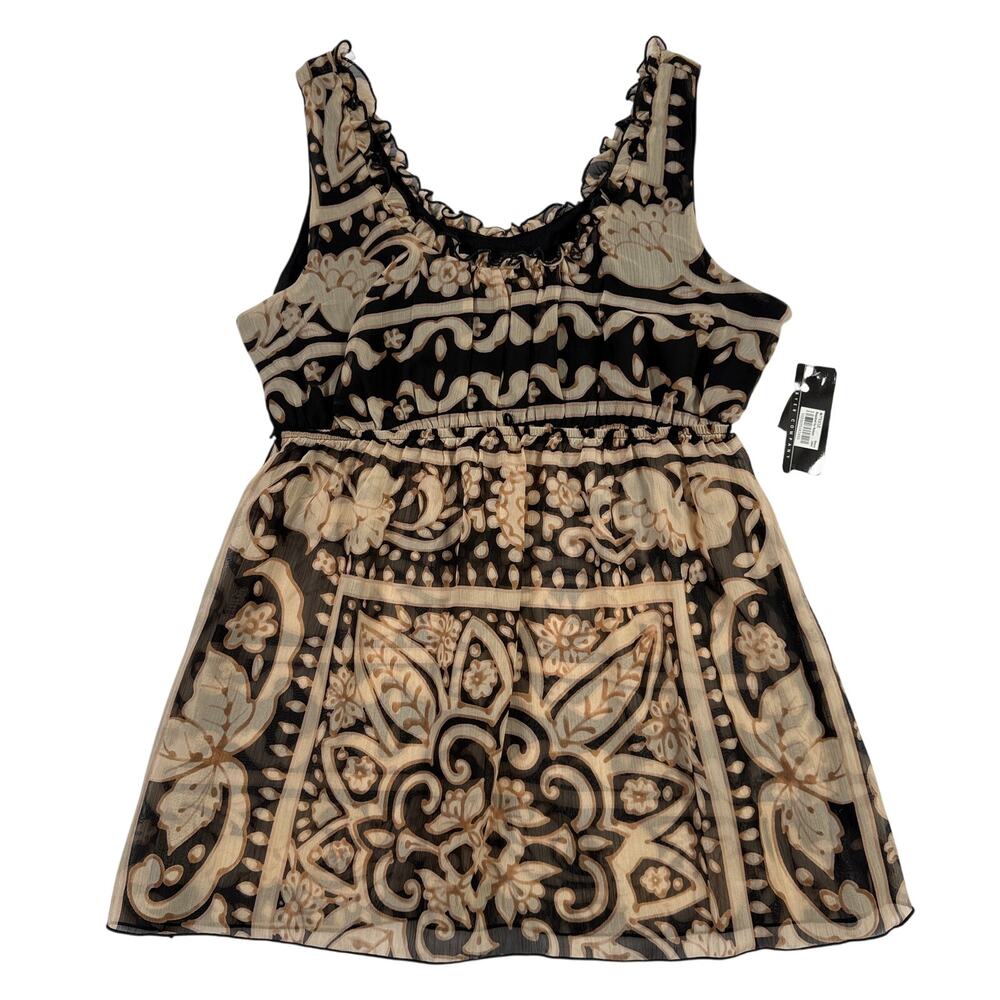 BCX Sheer Paisley Floral Empire Waist Sleeveless Top Sz Large Y2K Black Tan NWT